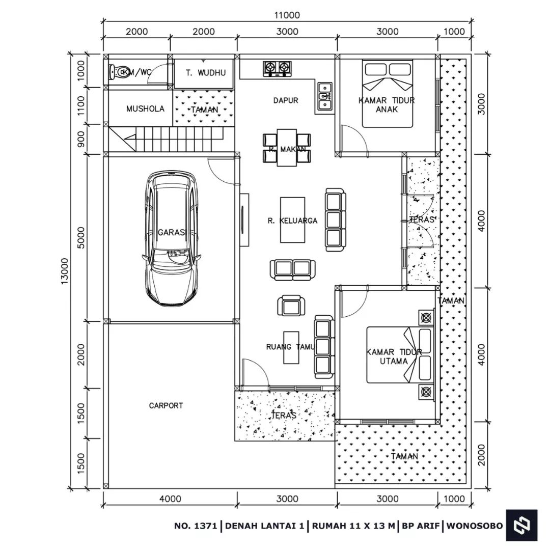 Desain rumah 11x13 Meter 2Lantai