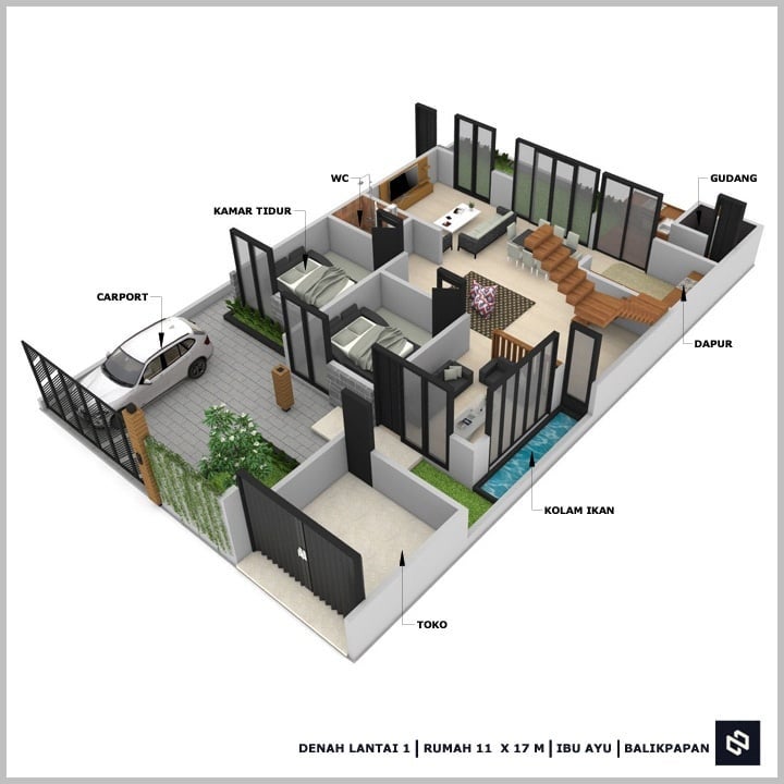 Desain rumah 11x17 Meter 2Lantai