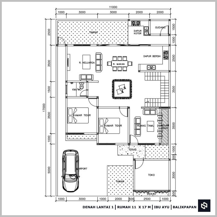 Desain rumah 11x17 Meter 2Lantai