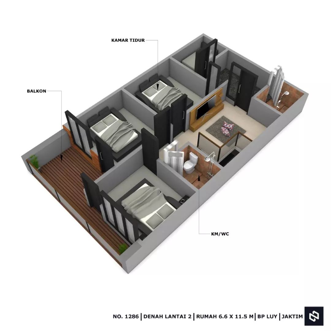 Desain rumah 6,6x11,5 Meter 2Lantai