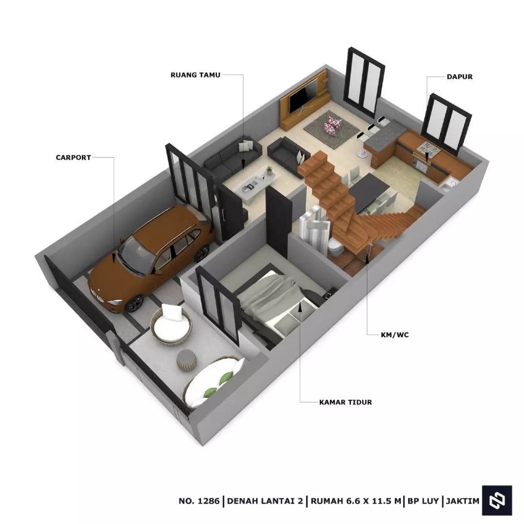 Desain rumah 6,6x11,5 Meter 2Lantai