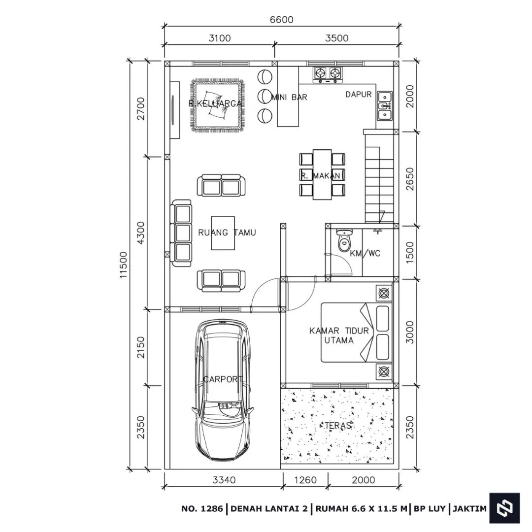 Desain rumah 6,6x11,5 Meter 2Lantai