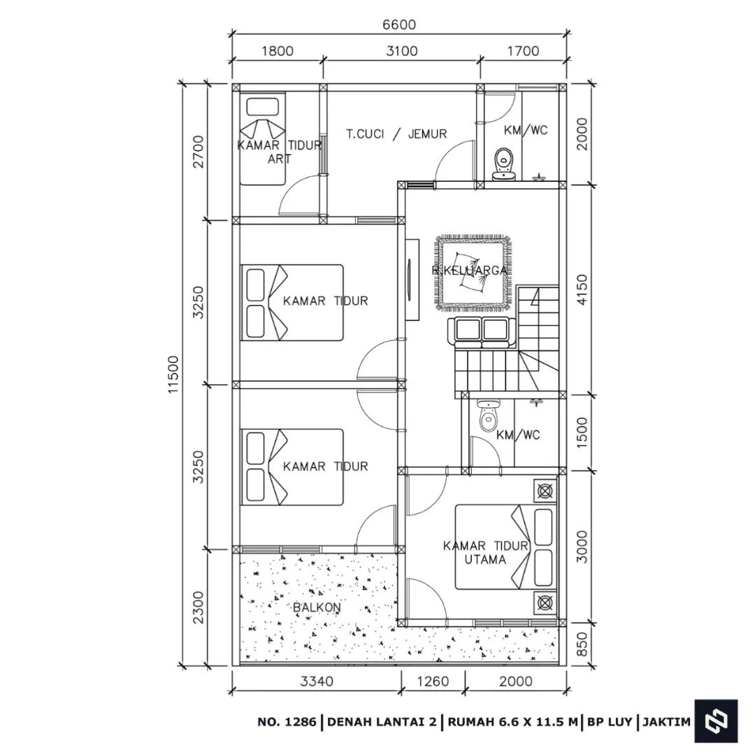 Desain rumah 6,6x11,5 Meter 2Lantai