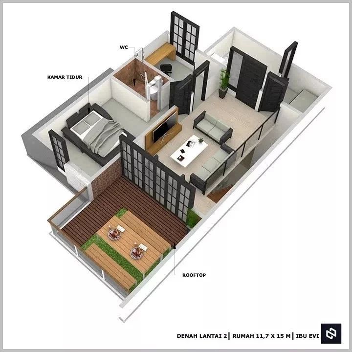 Desain rumah 11,7x15 Meter 2Lantai