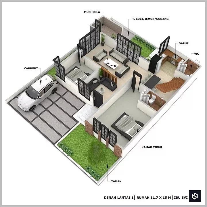 Desain rumah 11,7x15 Meter 2Lantai