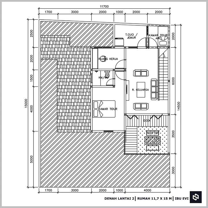 Desain rumah 11,7x15 Meter 2Lantai