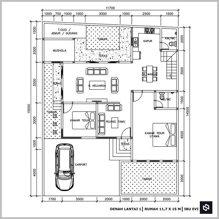 Desain rumah 11,7x15 Meter 2Lantai