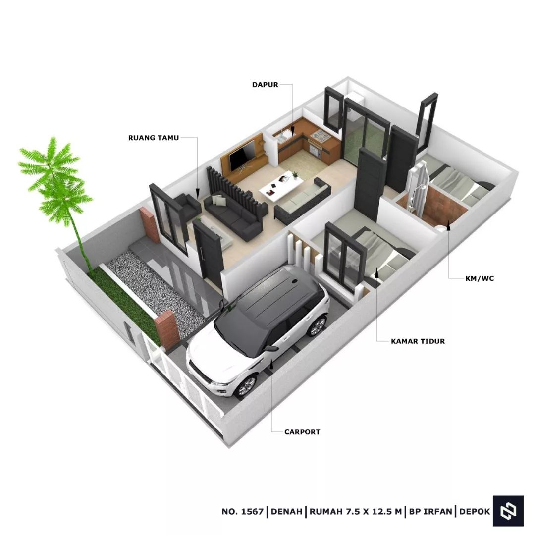 Desain rumah 7,5x12,5 Meter 1Lantai