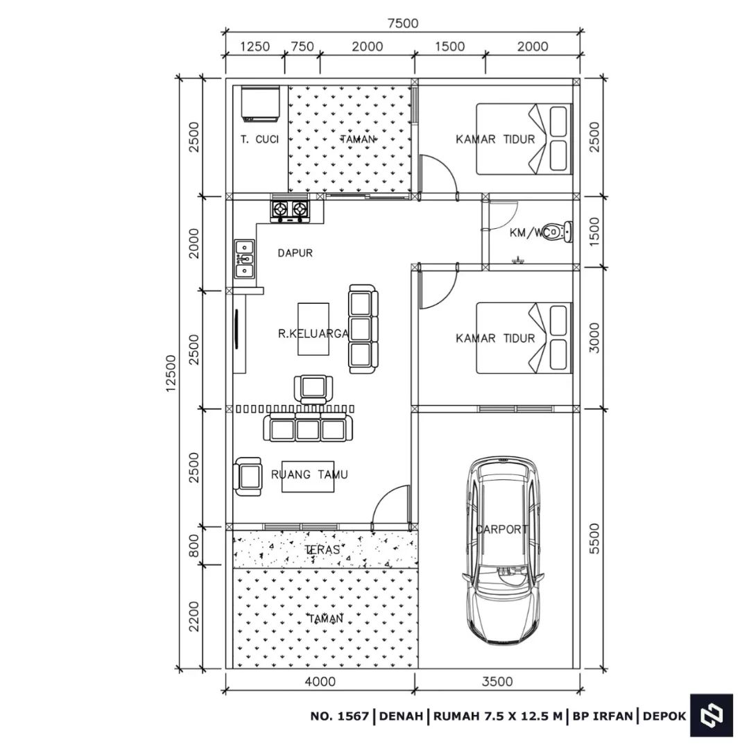 Desain rumah 7,5x12,5 Meter 1Lantai