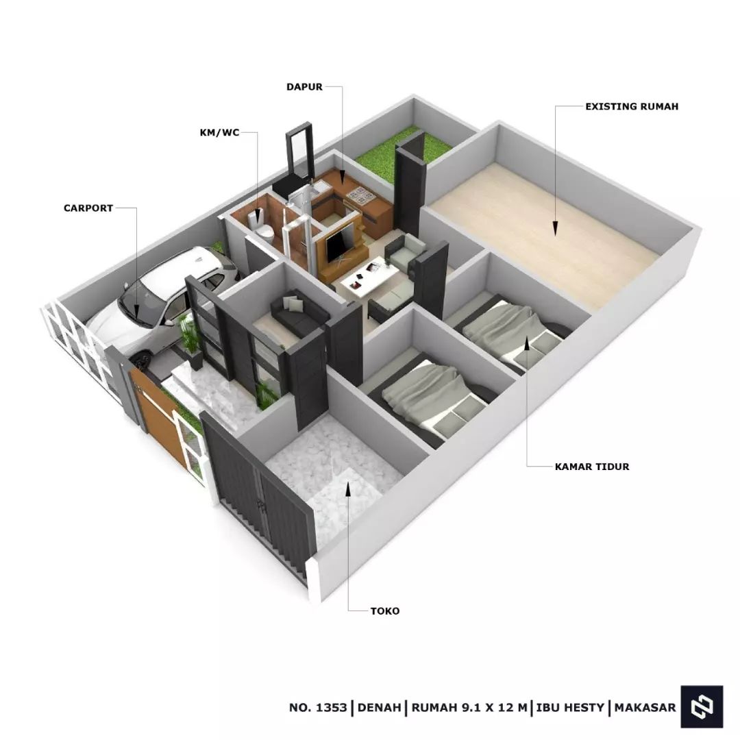 Desain rumah 9x12 Meter 1Lantai