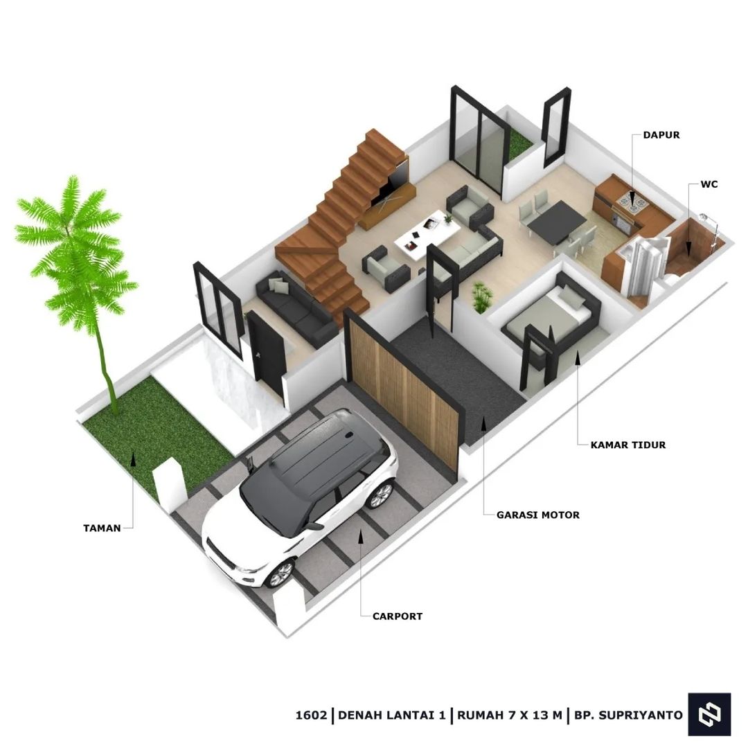 Desain rumah 7x13 Meter 2Lantai