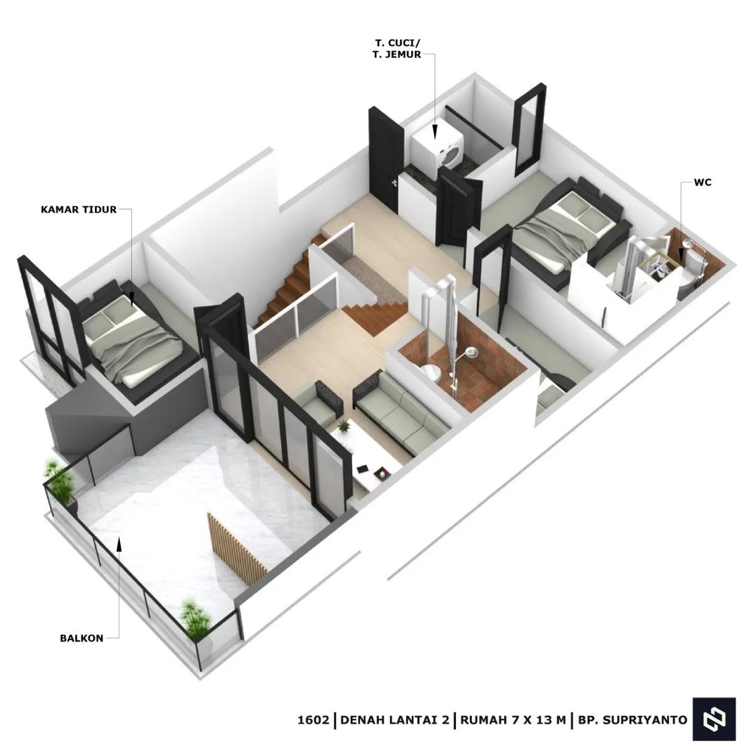 Desain rumah 7x13 Meter 2Lantai