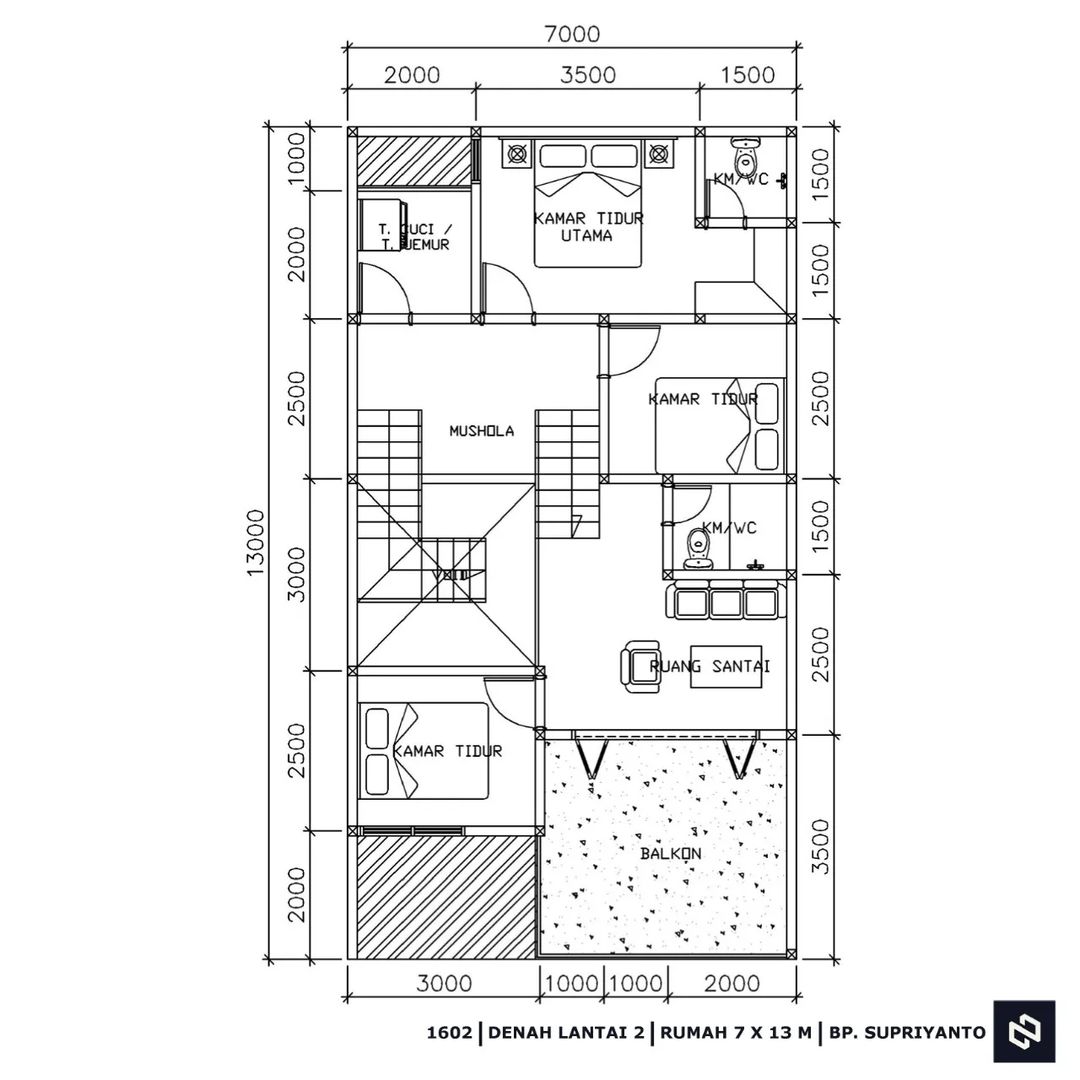 Desain rumah 7x13 Meter 2Lantai