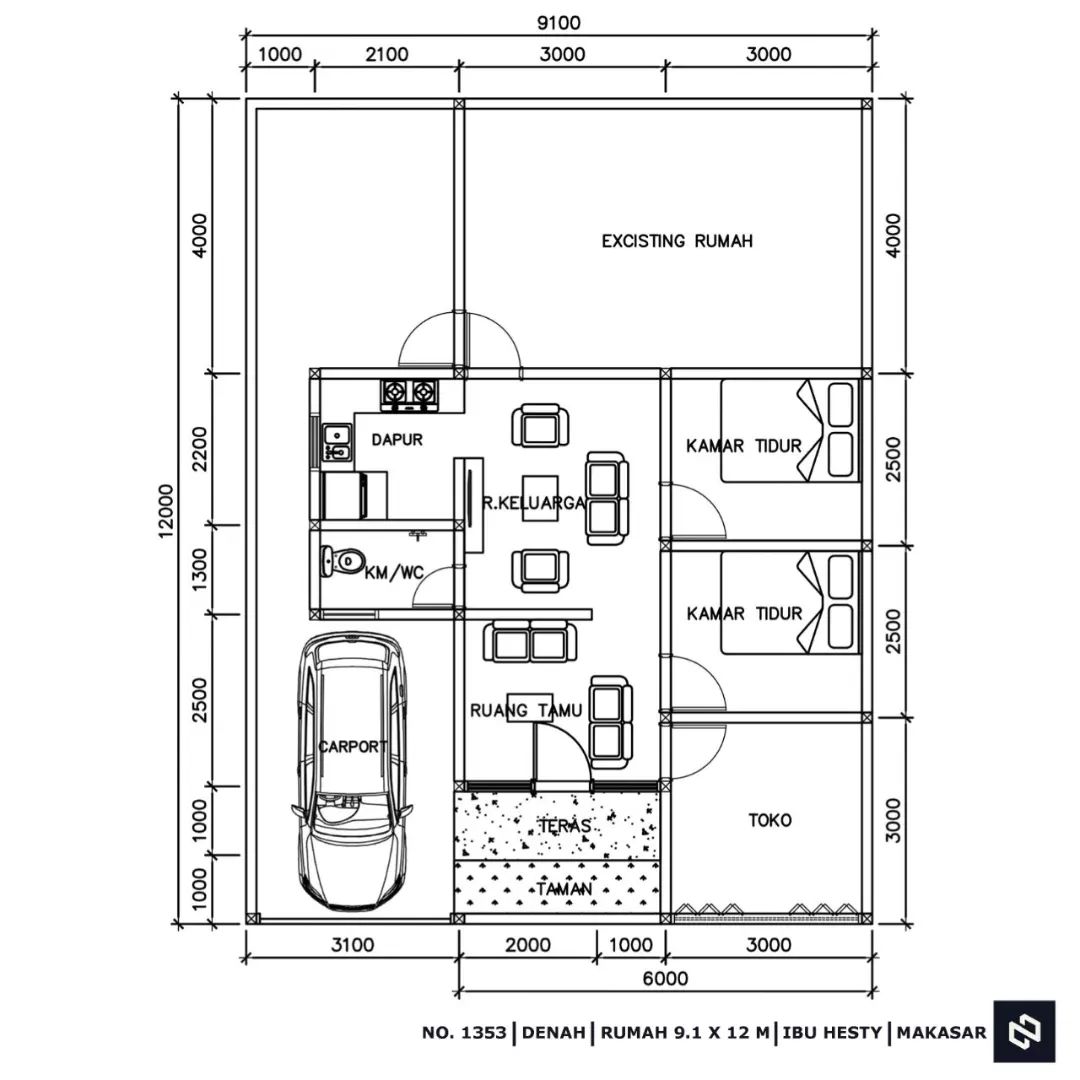 Desain rumah 9x12 Meter 1Lantai