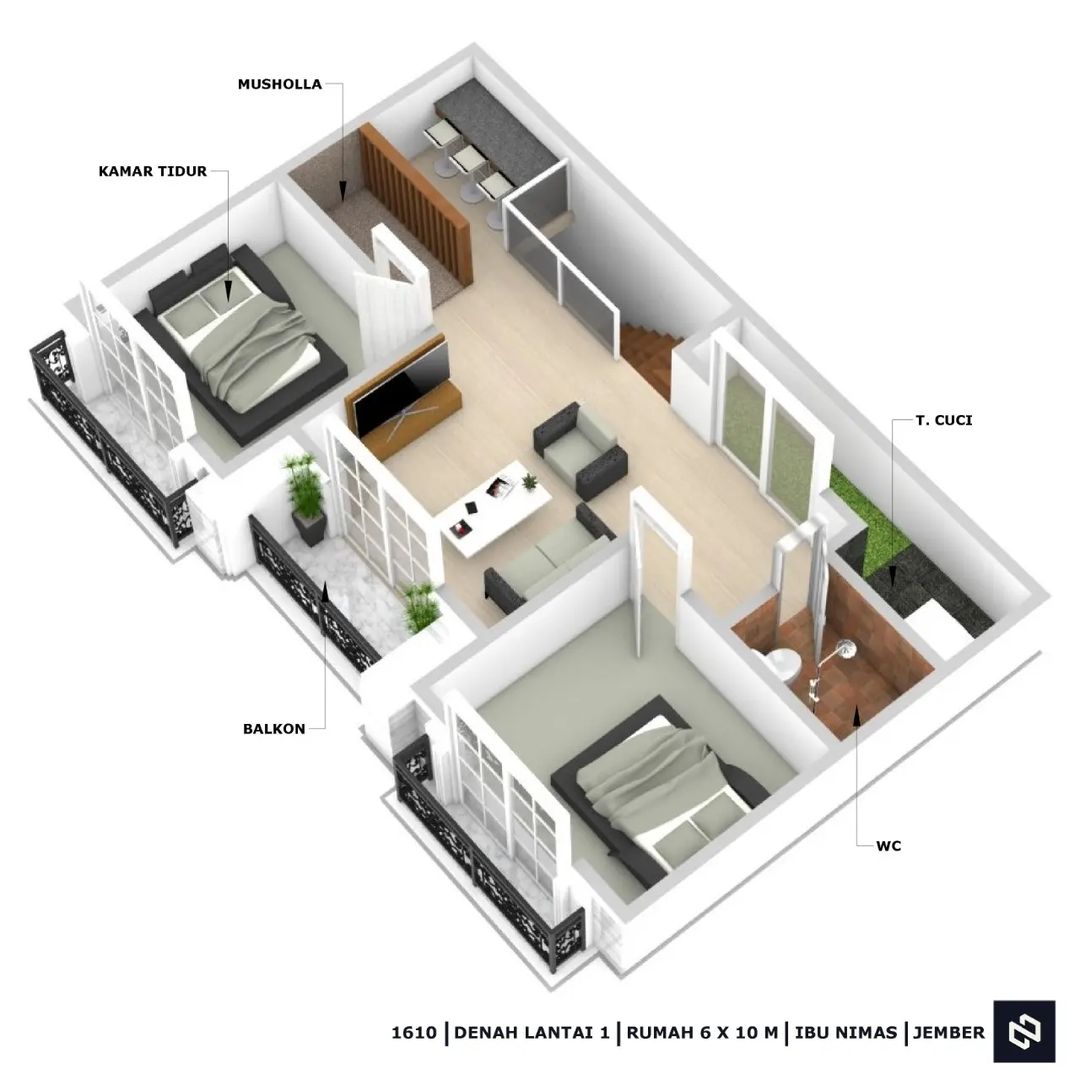 Desain rumah 10x6 Meter 2Lantai