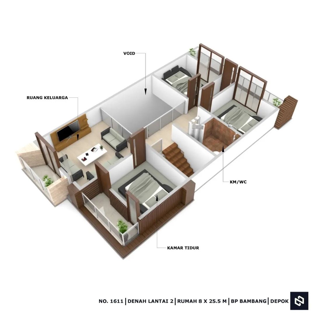 Desain rumah 8x25 Meter 2Lantai