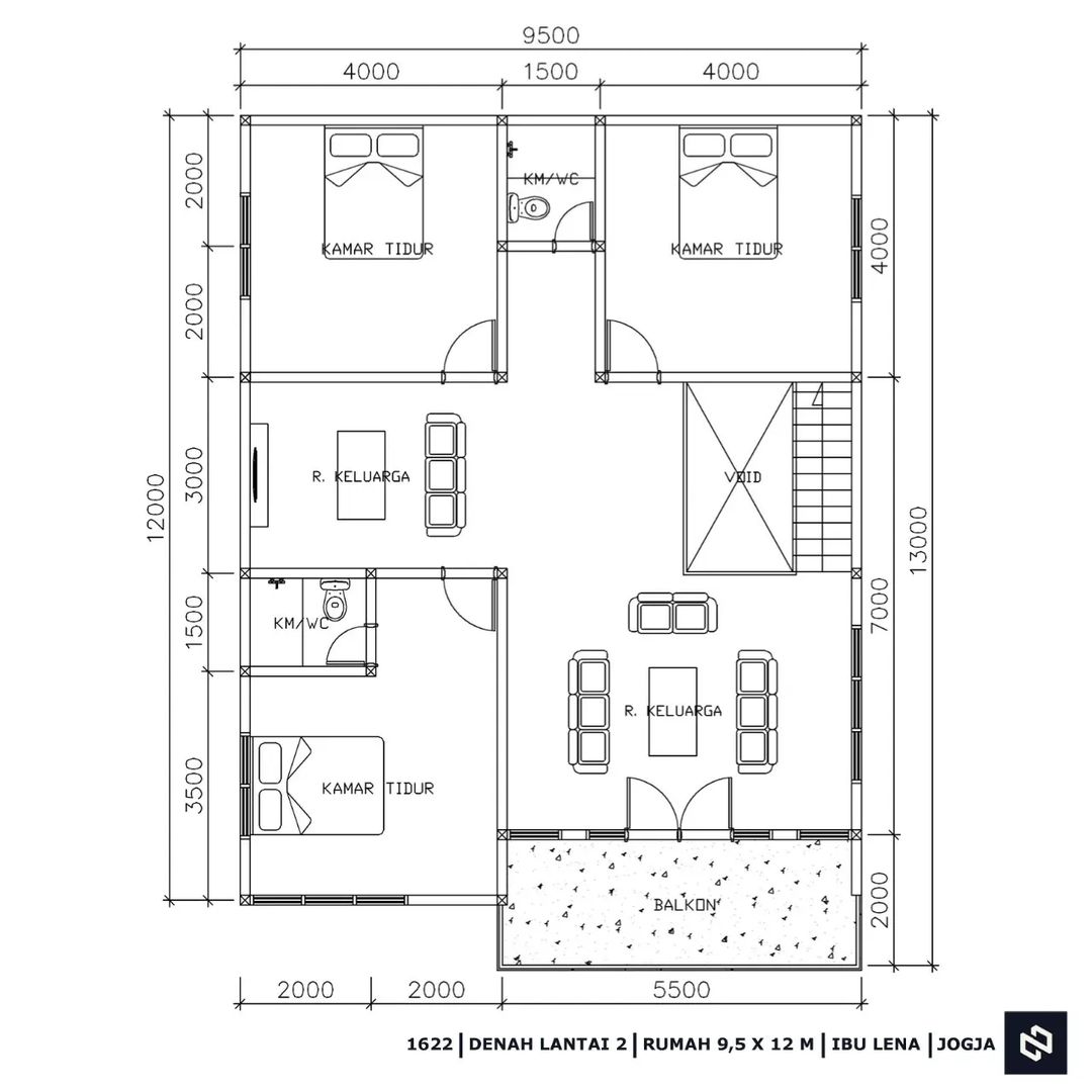 Desain rumah 9,5x12 Meter 2Lantai