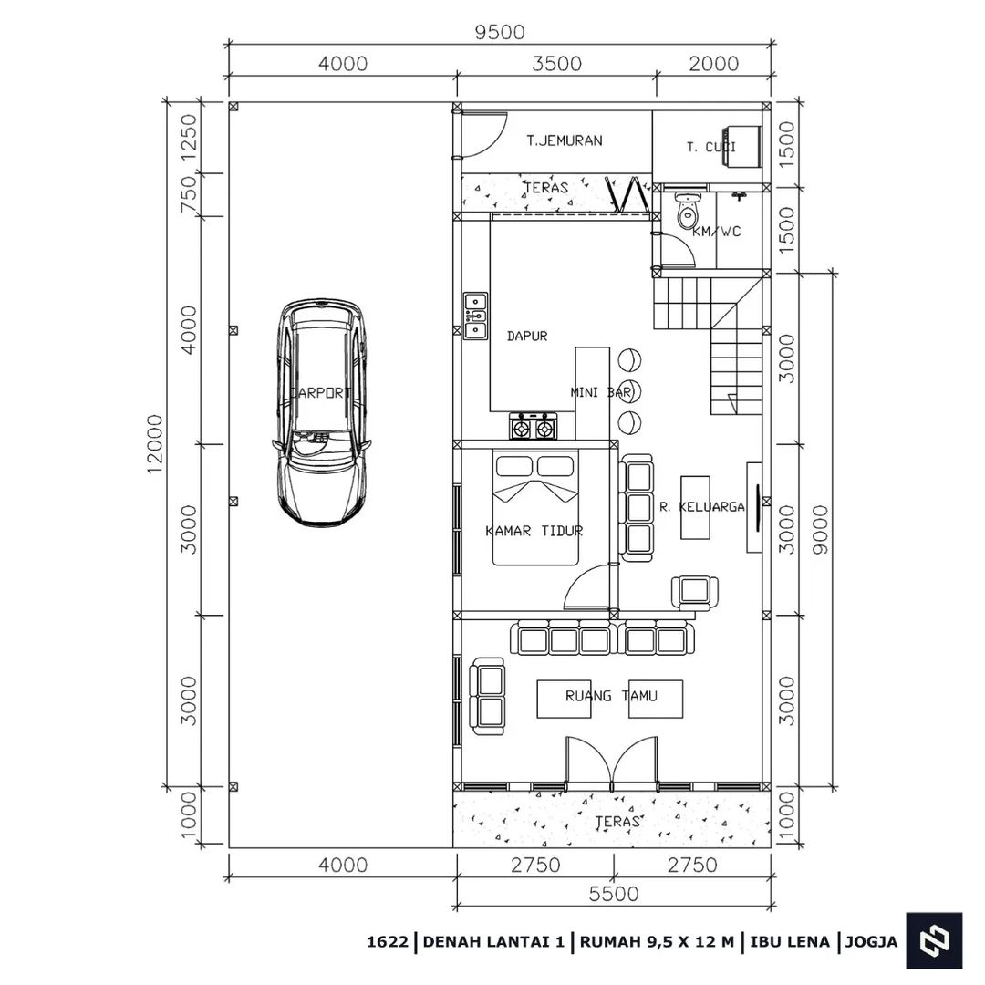 Desain rumah 9,5x12 Meter 2Lantai