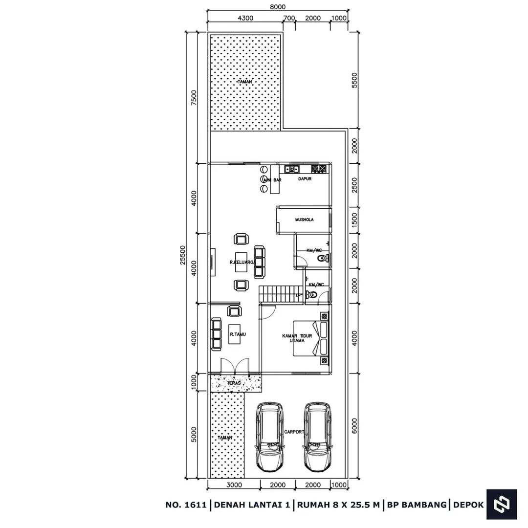 Desain rumah 8x25 Meter 2Lantai