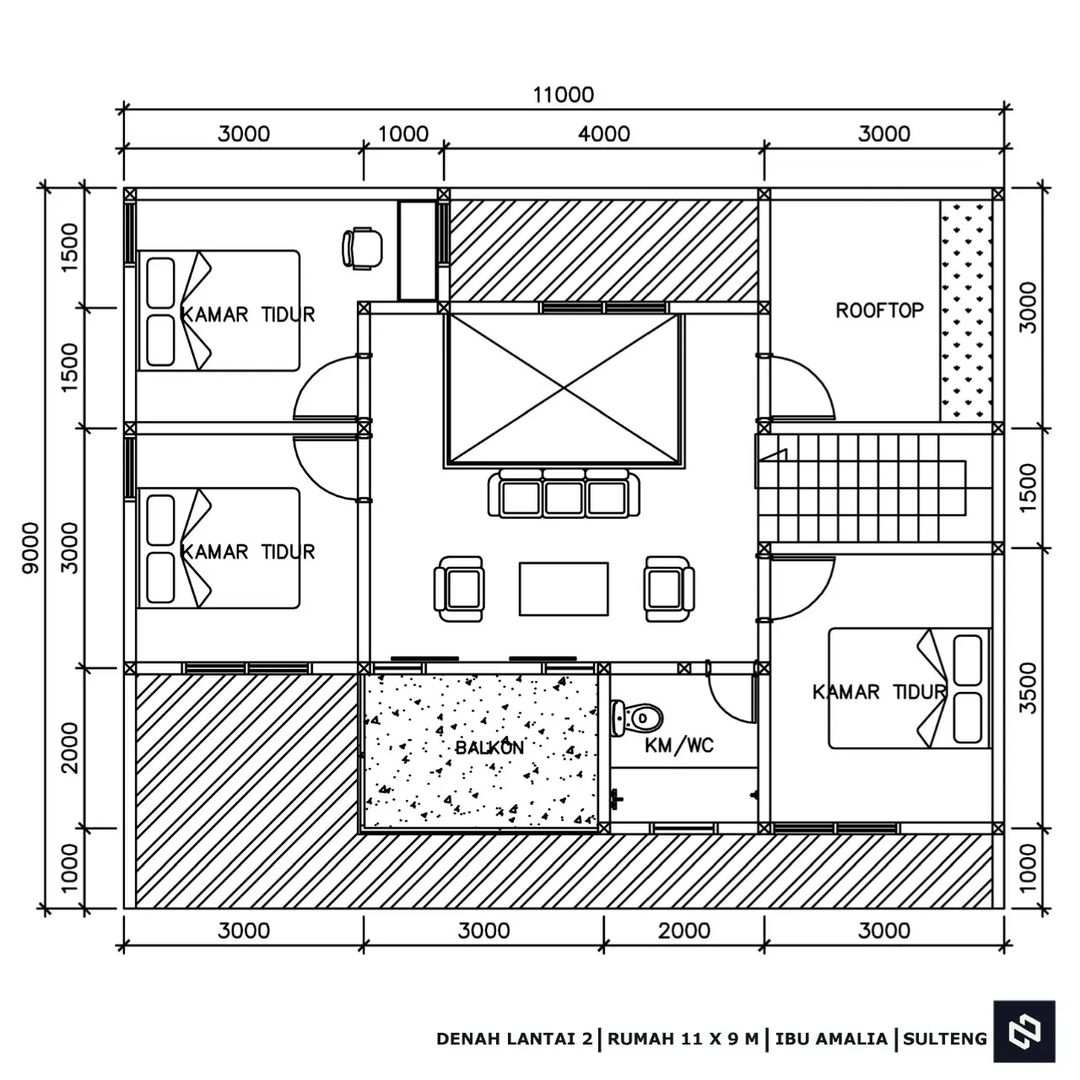 Desain rumah 11x9 Meter 2Lantai