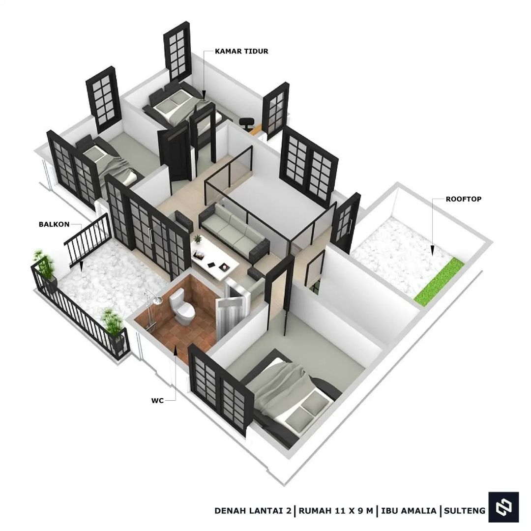 Desain rumah 11x9 Meter 2Lantai