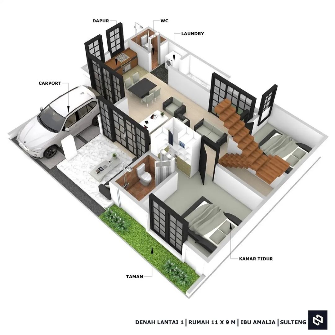 Desain rumah 11x9 Meter 2Lantai