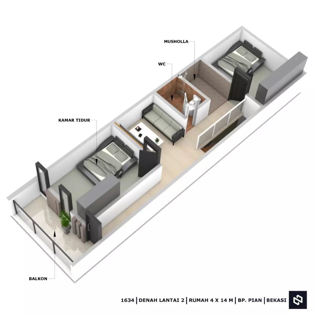 Desain rumah 4x14 Meter 2Lantai