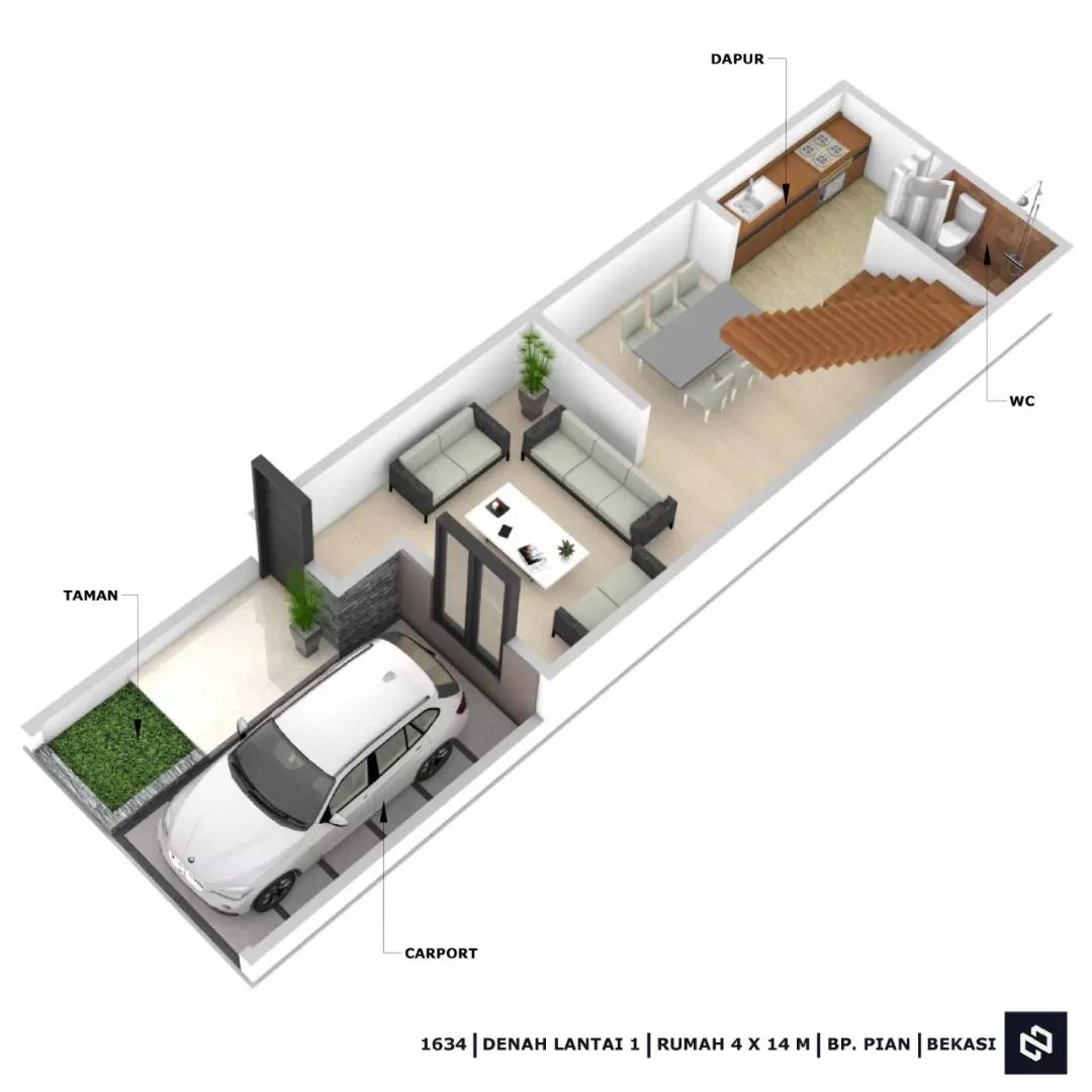 Desain rumah 4x14 Meter 2Lantai