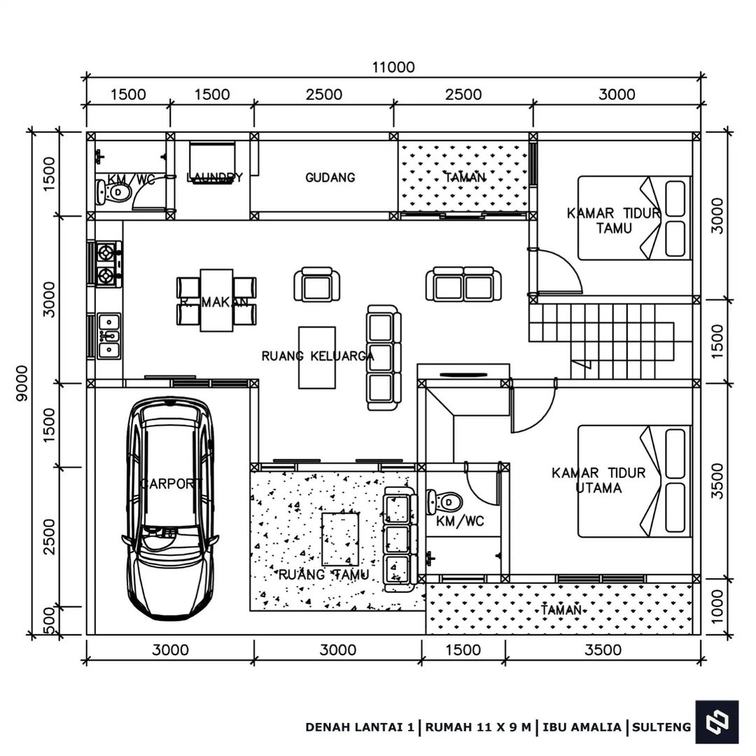 Desain rumah 11x9 Meter 2Lantai