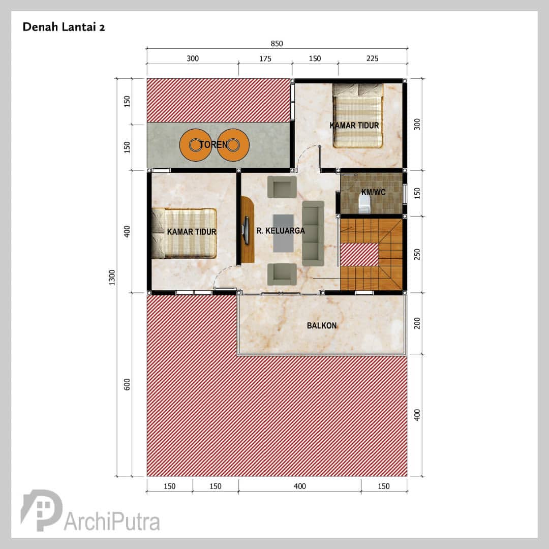 Desain rumah 8,5x13 Meter 2Lantai