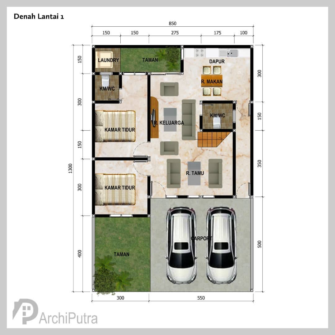 Desain rumah 8,5x13 Meter 2Lantai