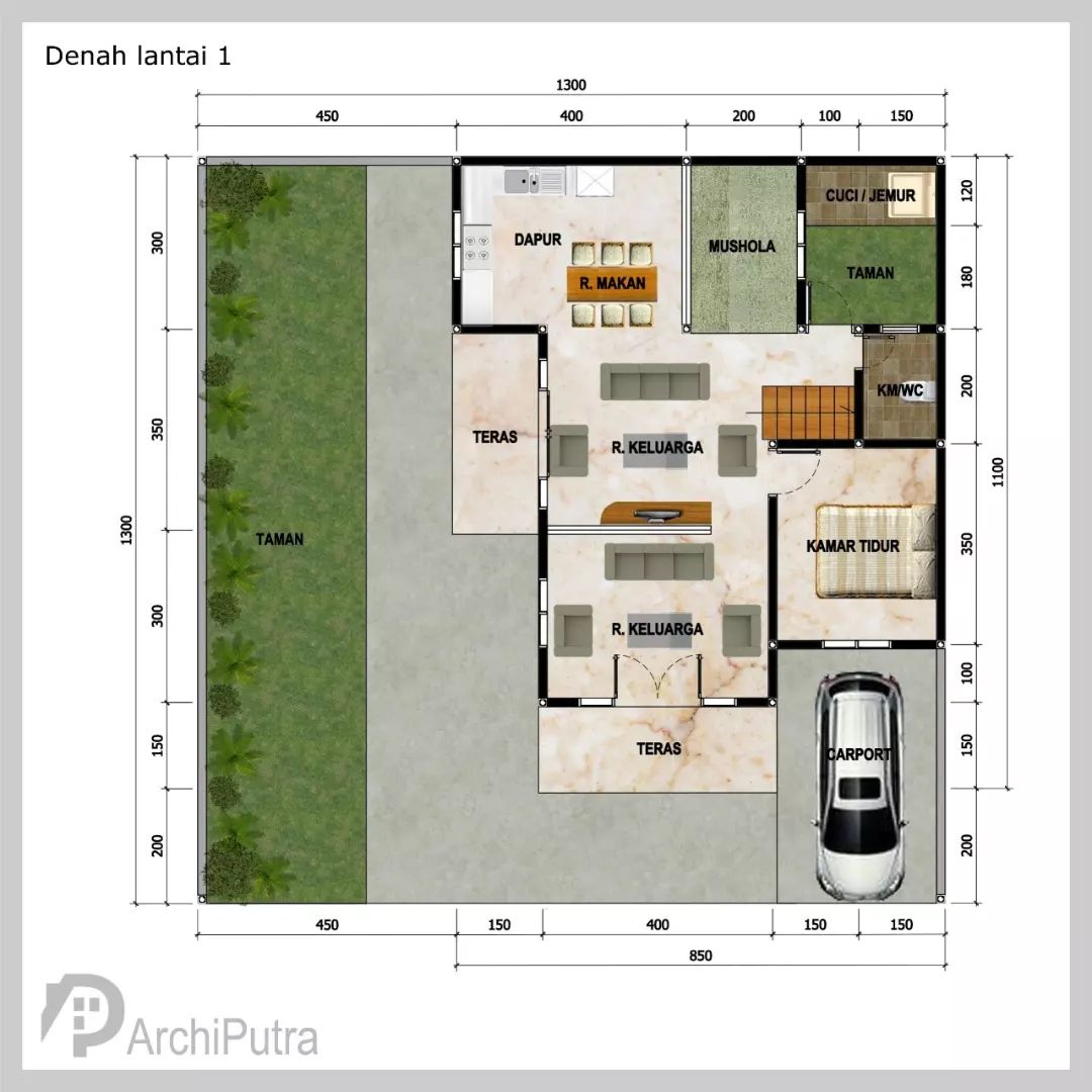 Desain rumah 13x13 Meter 2Lantai