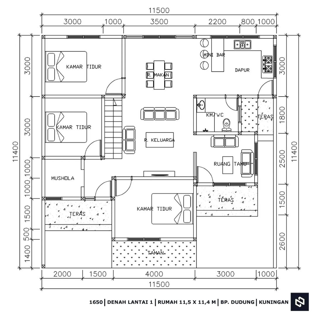 Desain rumah 11x11 Meter 2Lantai