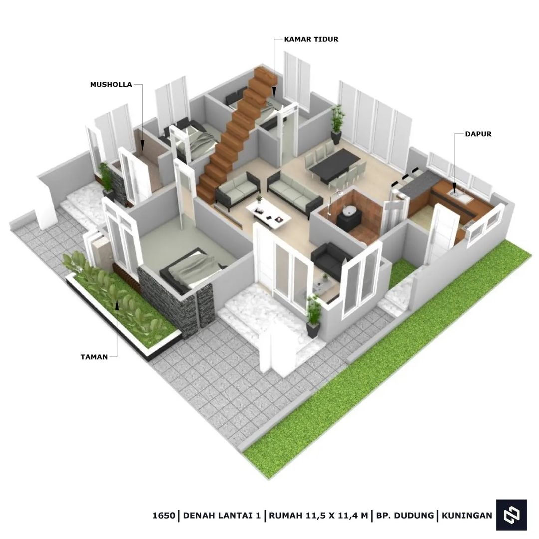 Desain rumah 11x11 Meter 2Lantai