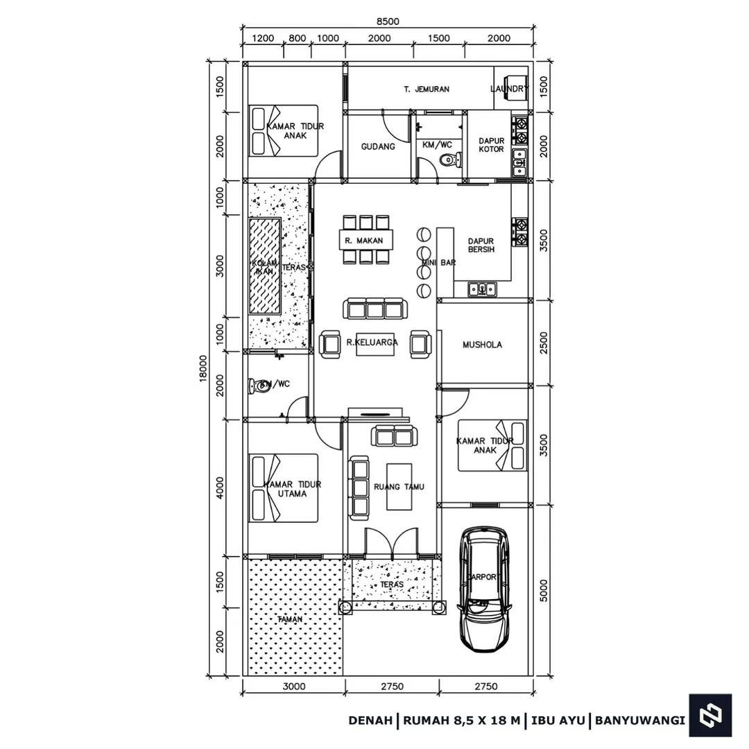 Desain rumah 8,5x18 Meter 1Lantai