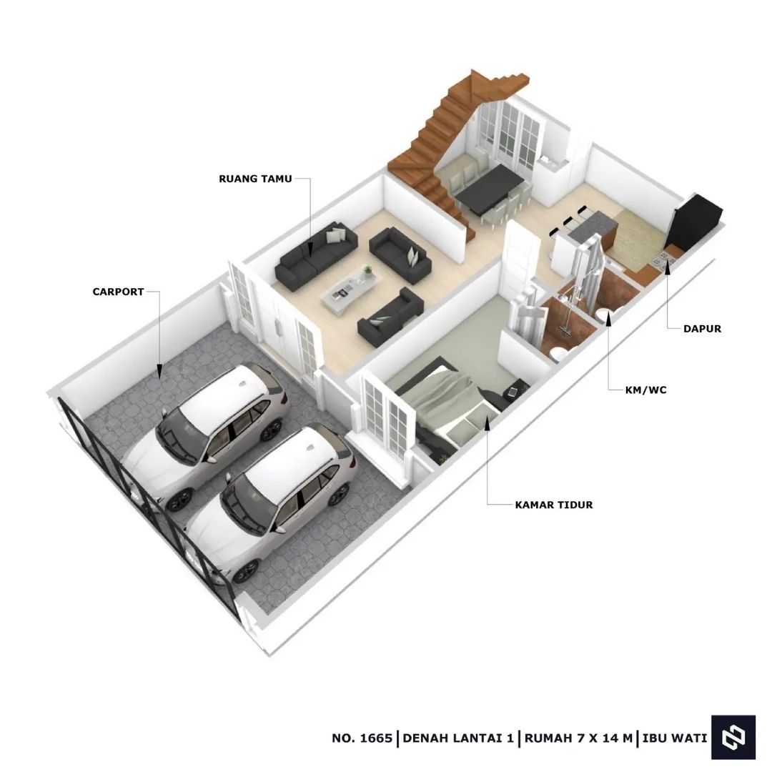 Desain rumah 7x14 Meter 2Lantai