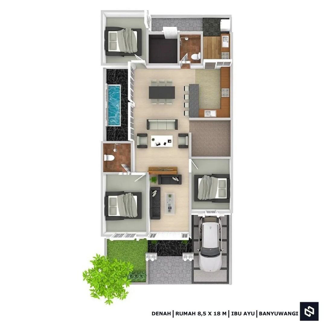 Desain rumah 8,5x18 Meter 1Lantai