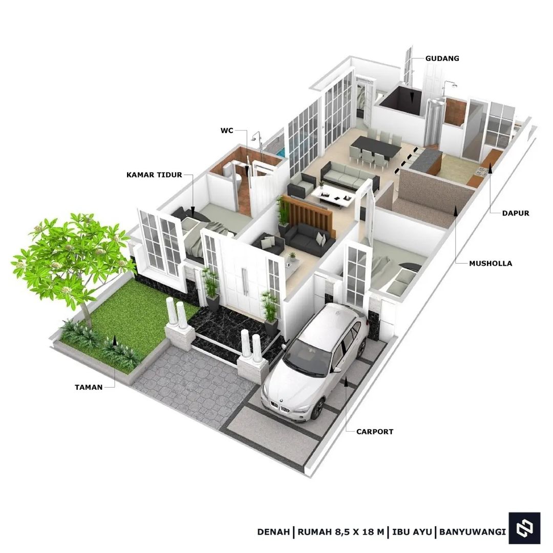 Desain rumah 8,5x18 Meter 1Lantai