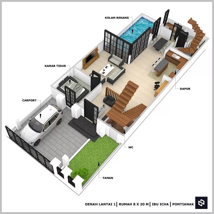 Desain rumah 8x20 Meter 2Lantai