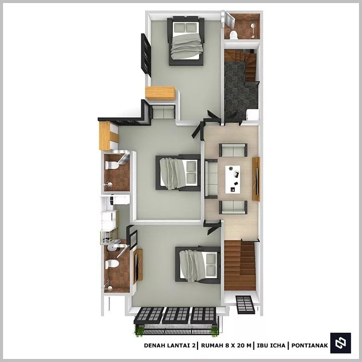 Desain rumah 8x20 Meter 2Lantai