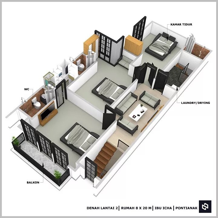 Desain rumah 8x20 Meter 2Lantai