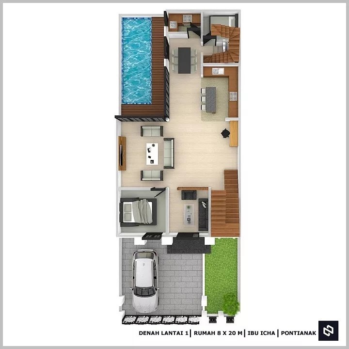 Desain rumah 8x20 Meter 2Lantai