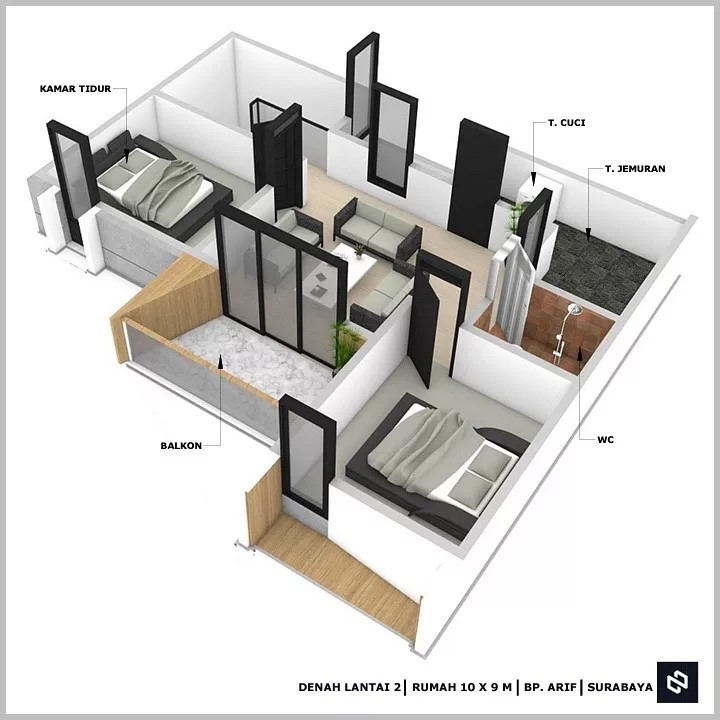 Desain rumah 10x9 Meter 2Lantai