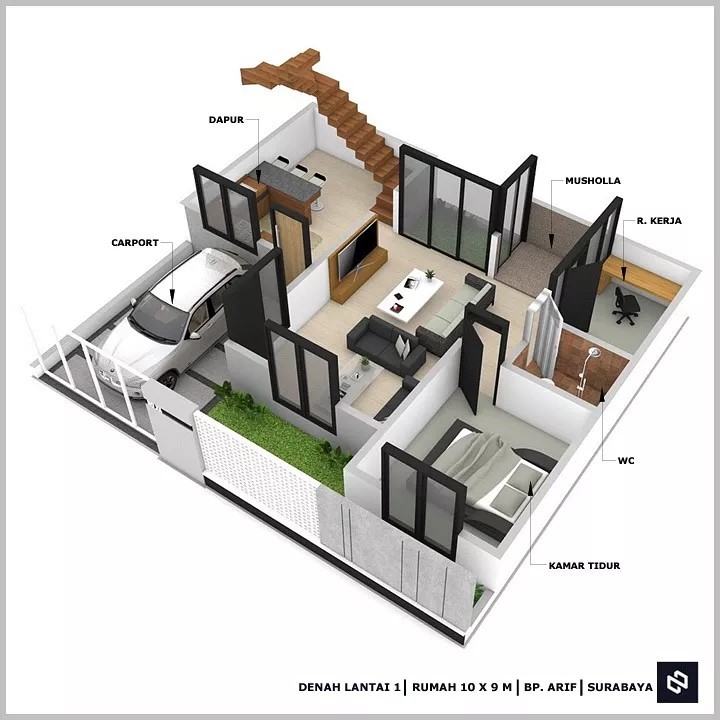 Desain rumah 10x9 Meter 2Lantai