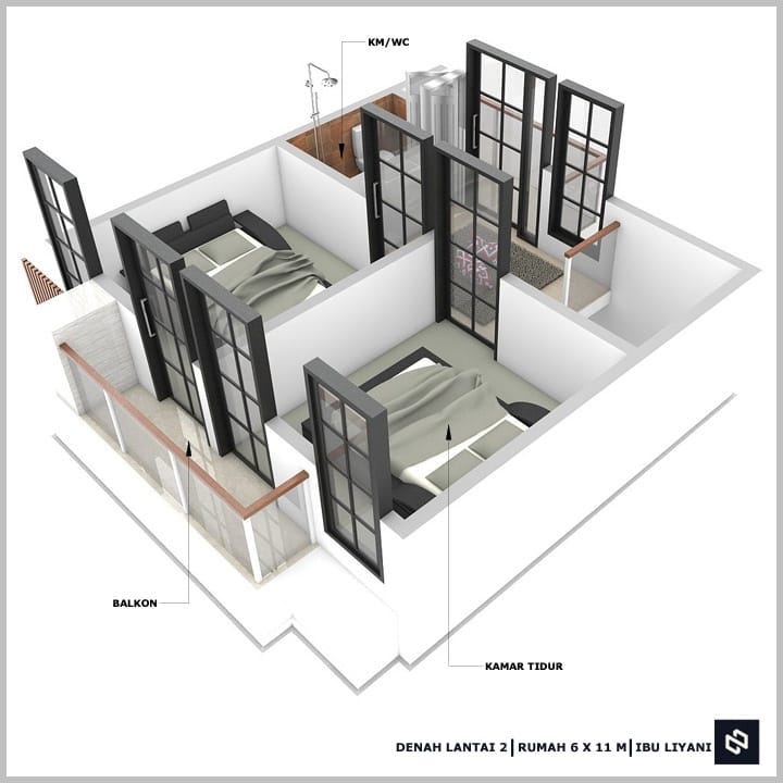 Desain rumah 6x11 Meter 2Lantai