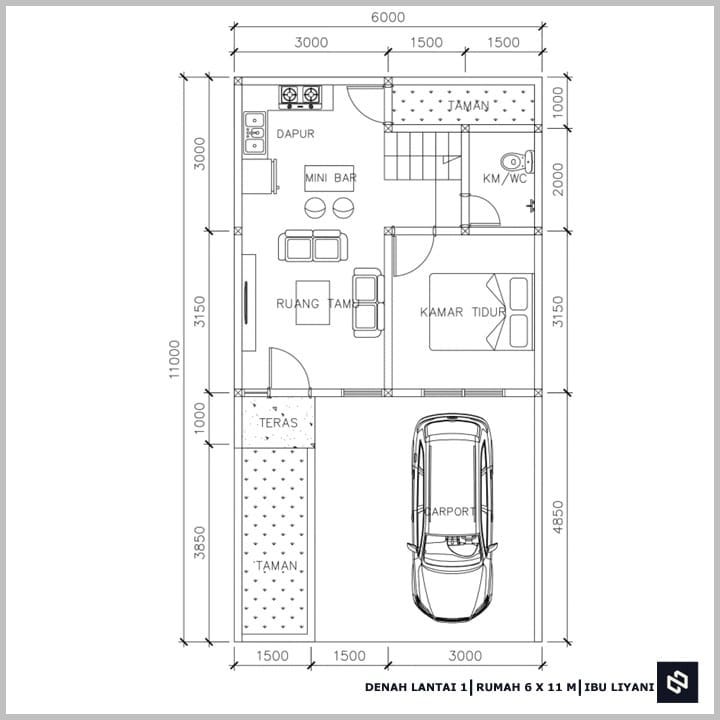 Desain rumah 6x11 Meter 2Lantai