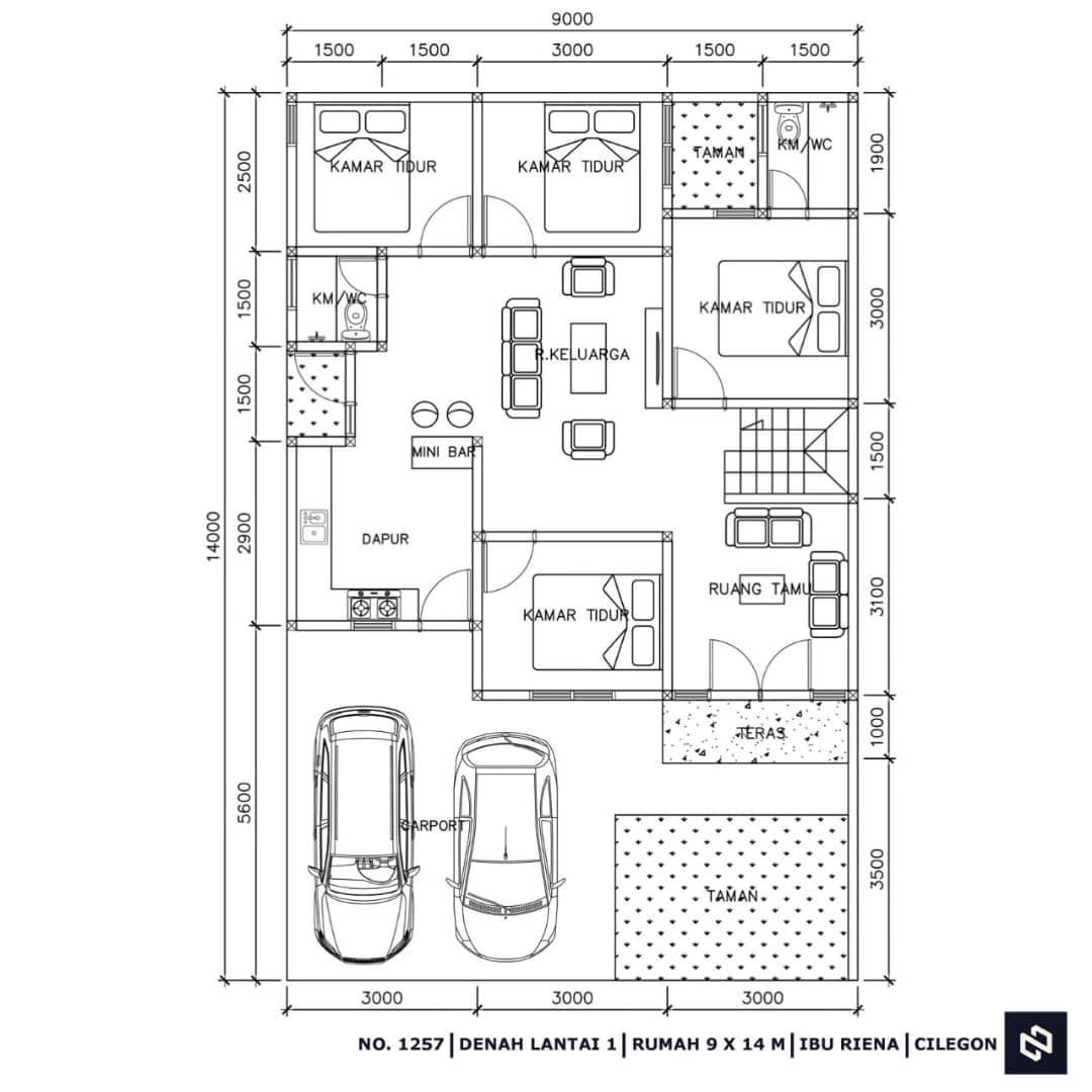 Desain rumah 9x14 Meter 1Lantai