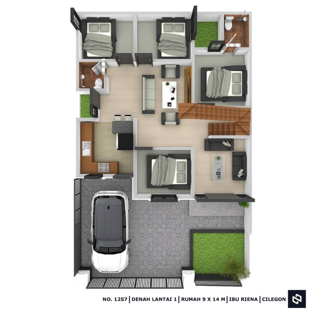 Desain rumah 9x14 Meter 1Lantai