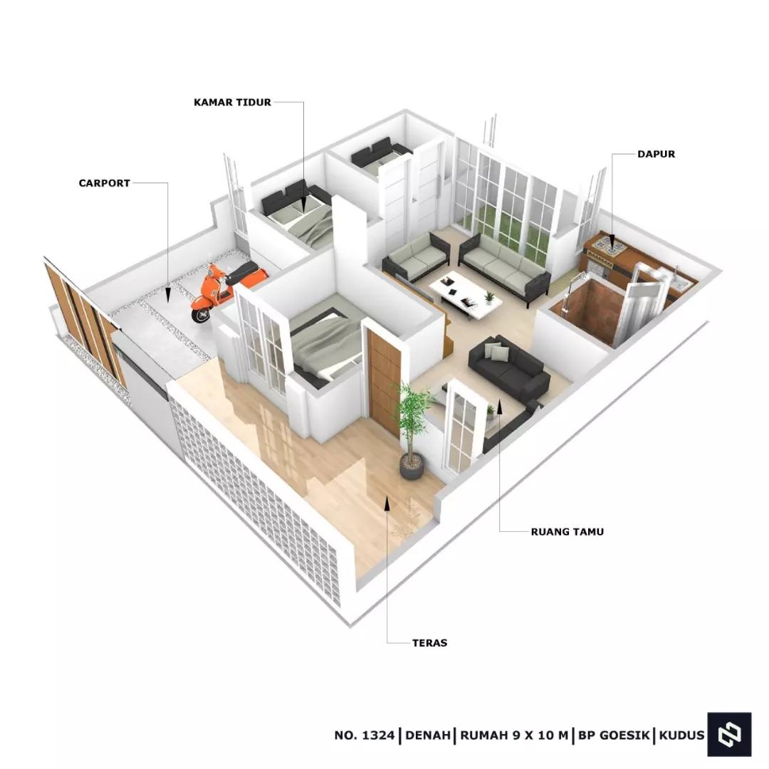 Desain rumah 9x10 Meter 1Lantai