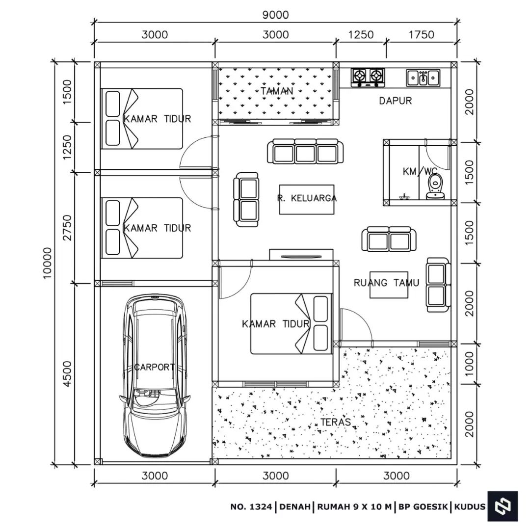 Desain rumah 9x10 Meter 1Lantai